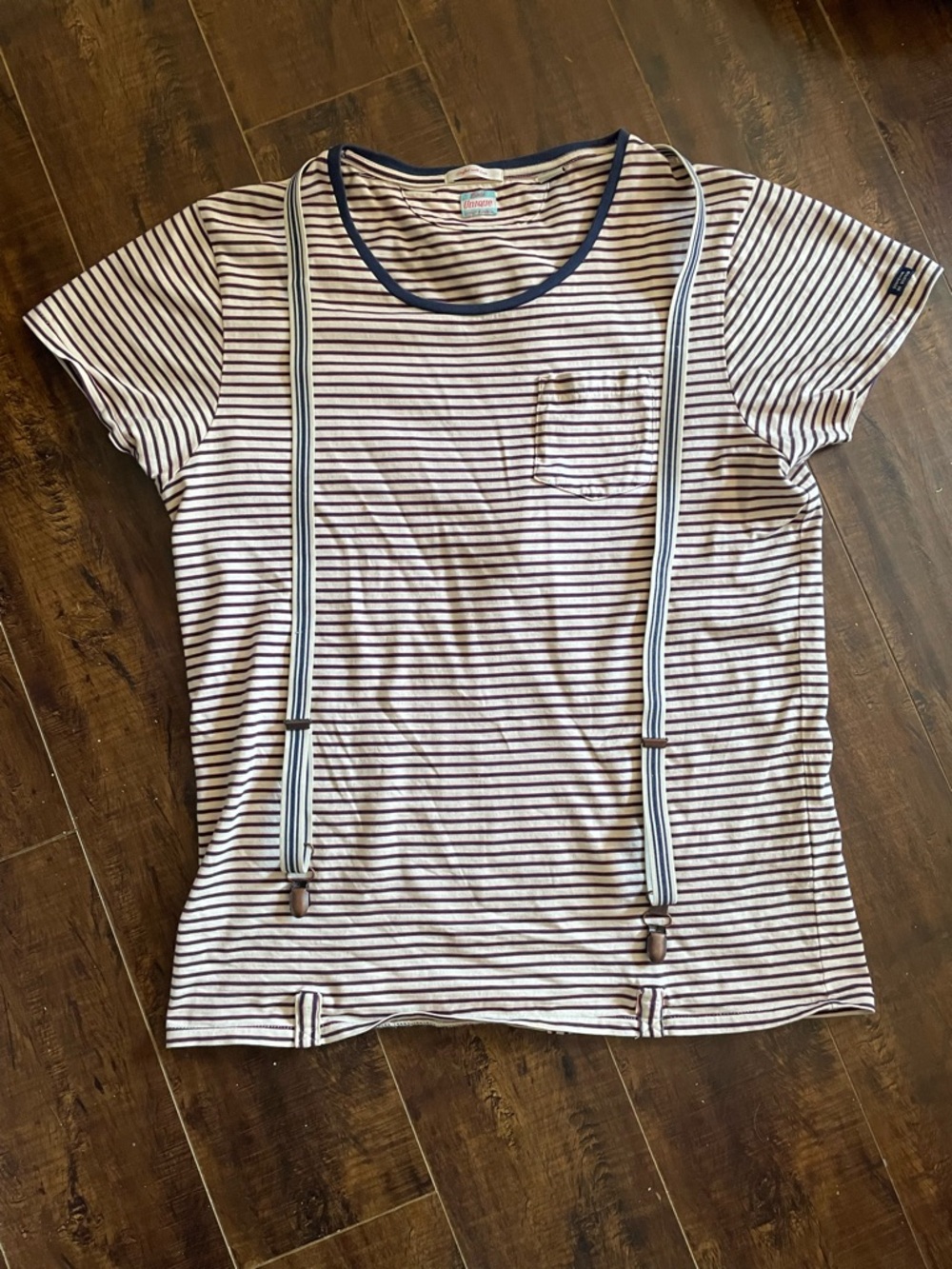 Scotch & Soda Navy, red and cream Striped Mens Tee with suspenders Size L